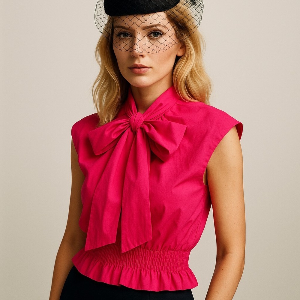 ZARA Fuchsia Pink Bow Poplin Top XS Sleeveless Statement Blouse Fitted‎ Chic